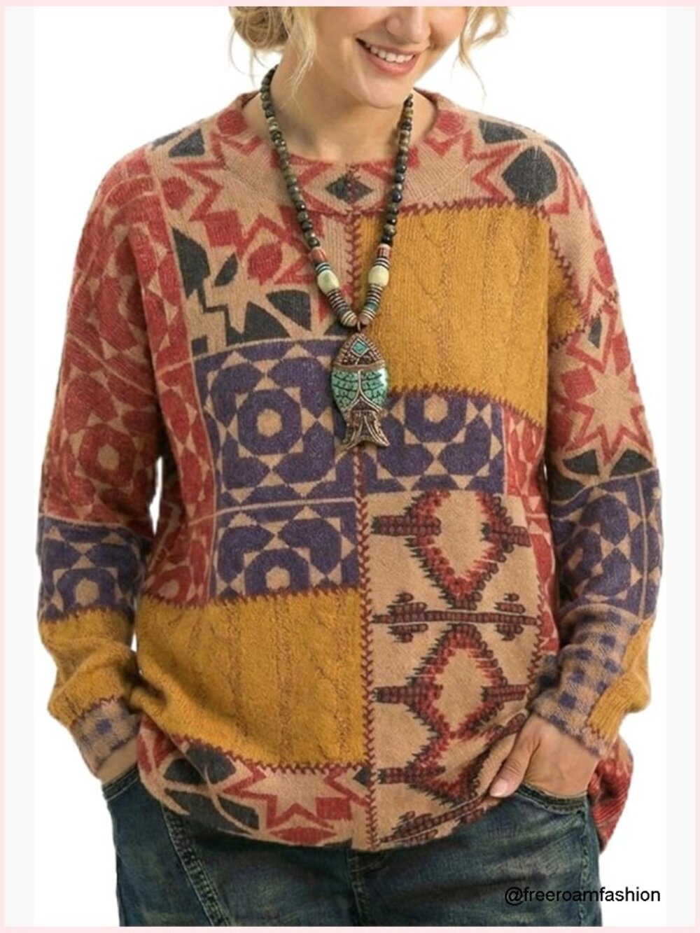 Oversized Boho Christmas Sweater, Graphic Knit Pullover, Loose Fit